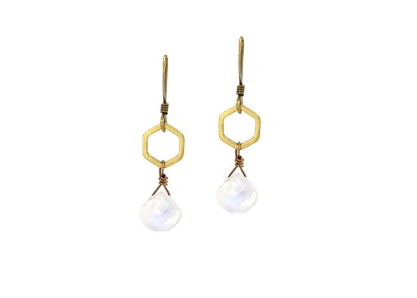 Rainbow Moonstone Dainty Hexagon Earrings