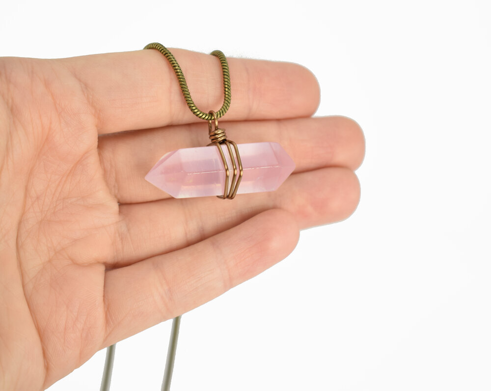 Pink Rose Quartz Pointer Necklace Flower Wrapped Healing Crystal Jewelry  24