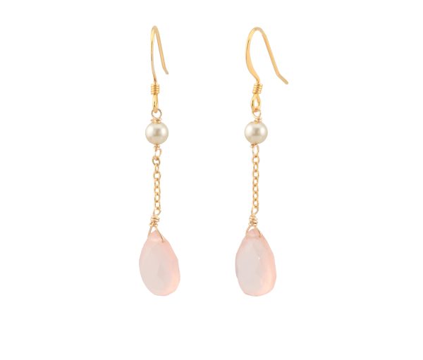 Pink Chalcedony and Pearl Gold Chain Dangle Earring