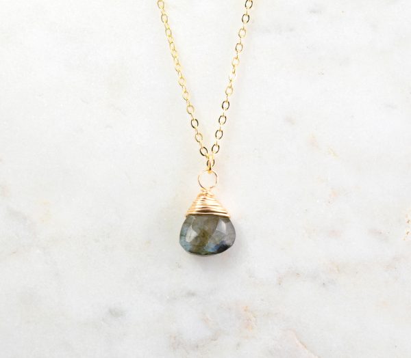 Labradorite Wrapped Teardrop Gold Pendant Necklace