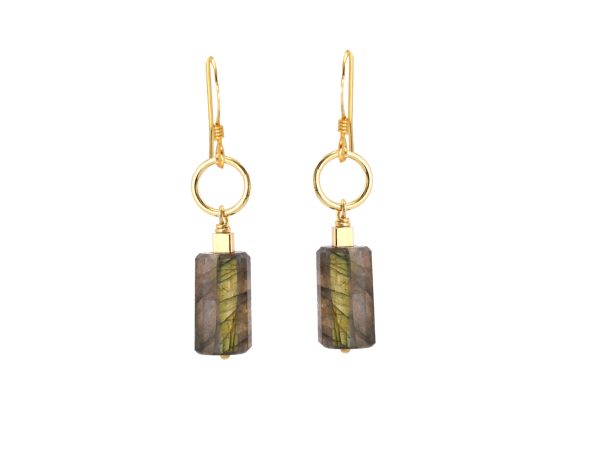 Adreama Labradorite Cylinder Gold Ringlet Drop Earrings