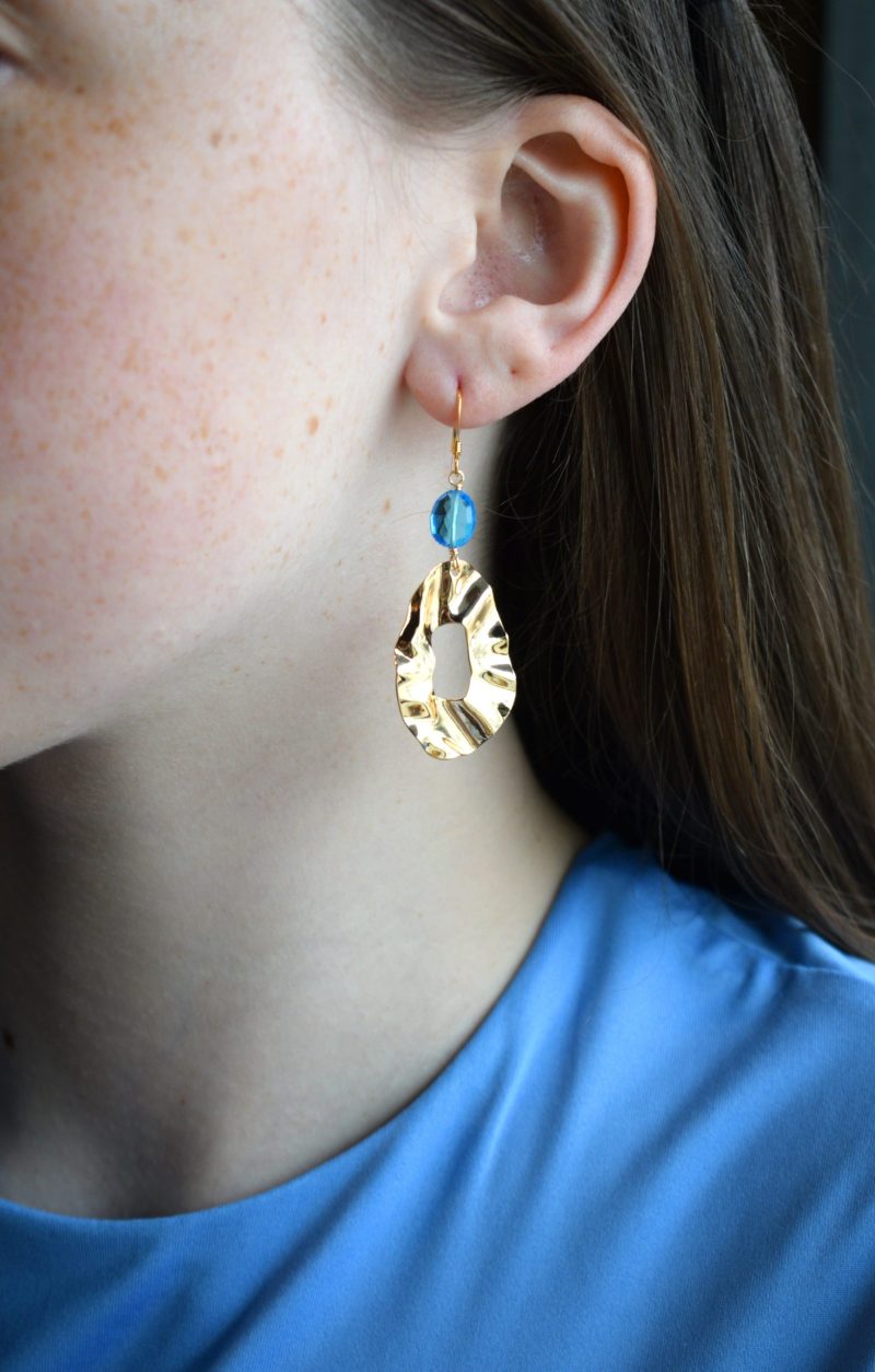 Blue Quartz Gold Molten Oval Metal Earrings