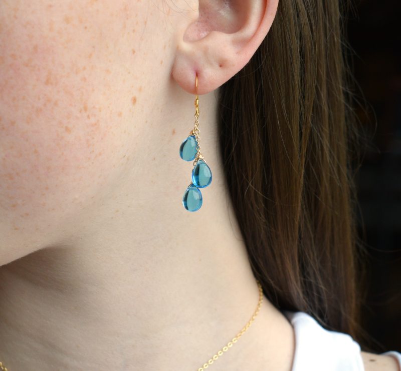 Blue Quartz Triple Smooth Vertical Gold Chain Earrings